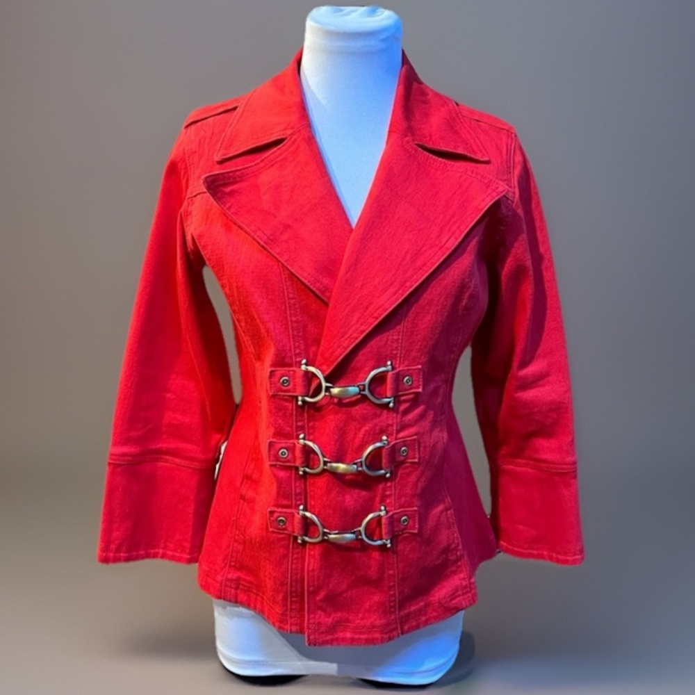Red Brass Buckled Stretch Denim Blazer Jacket
